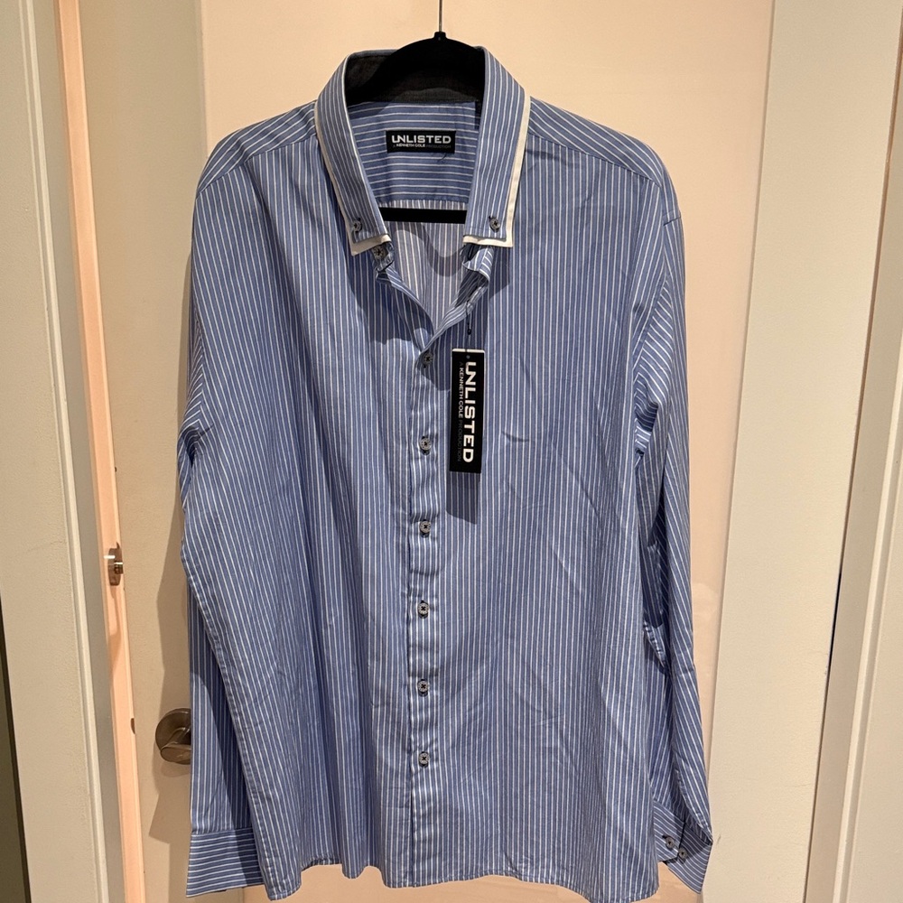 UNLISTED Blue and White Pinstripe Dress Shirt with Contrast Collar Trim